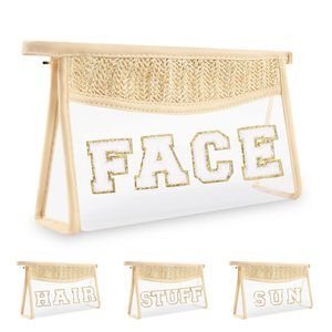Clear Patch Boho Preppy Chenille Letter Cosmetic Bag, Waterproof Zipper Make🙂
